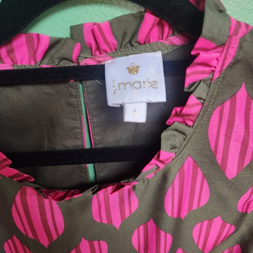 J.Marie Pink & Olive Print Ruffle Sleeve Blouse | Flutter Sleeve Top - Picture 2 of 4